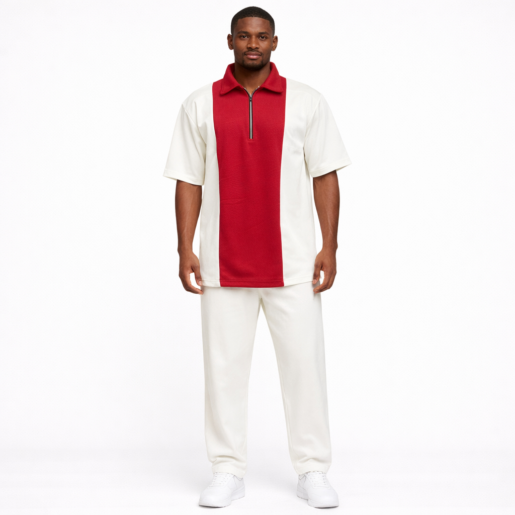 Qualitative Men Color Block Half Zip Short Sleeve Top and Pants Set