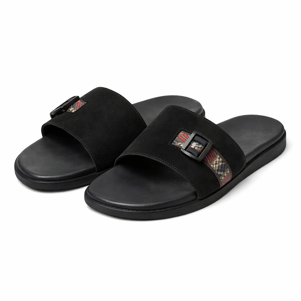 Black Slide Sandals with Patterned Strap