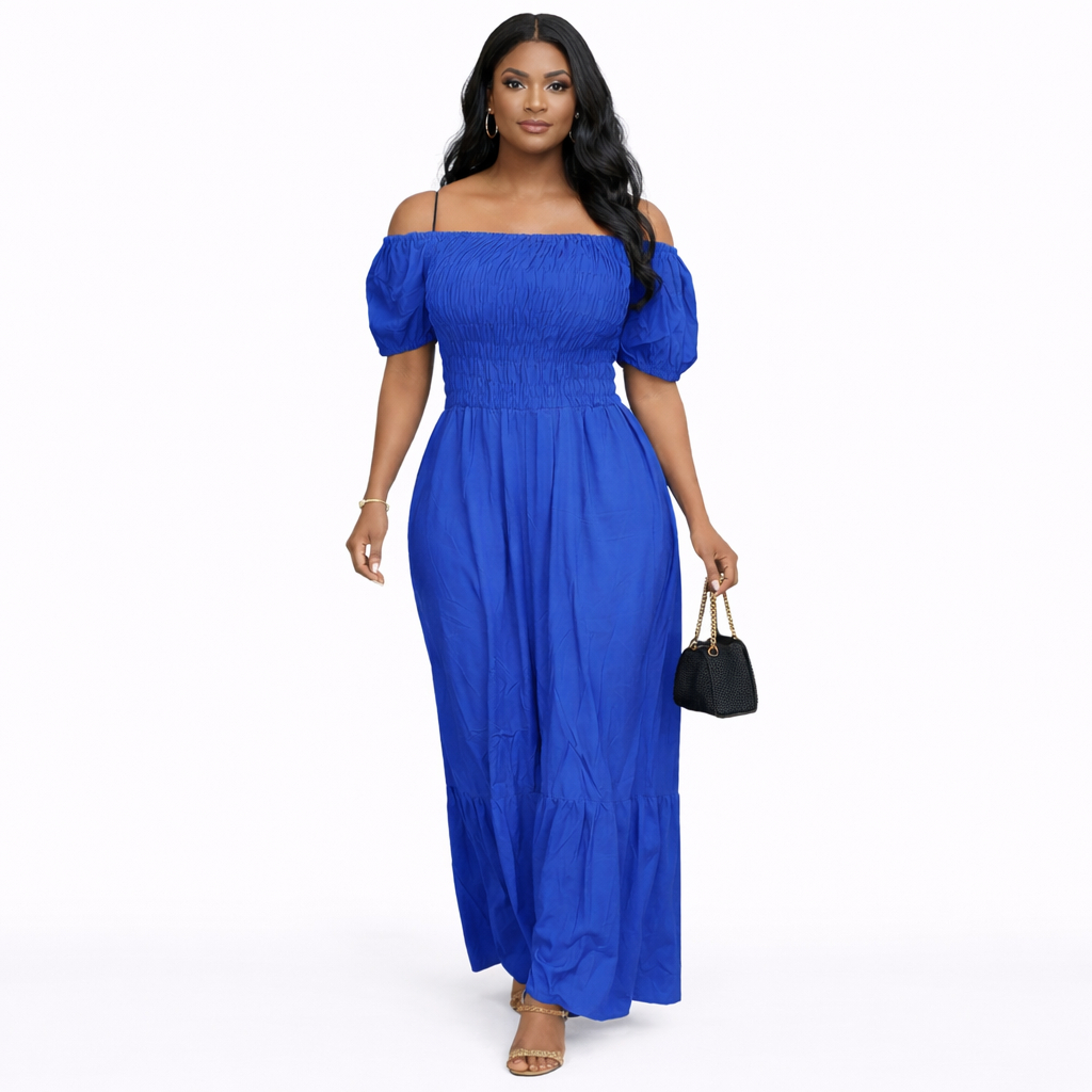 Beautiful Off Shoulder Smocked Waist Maxi Dress
