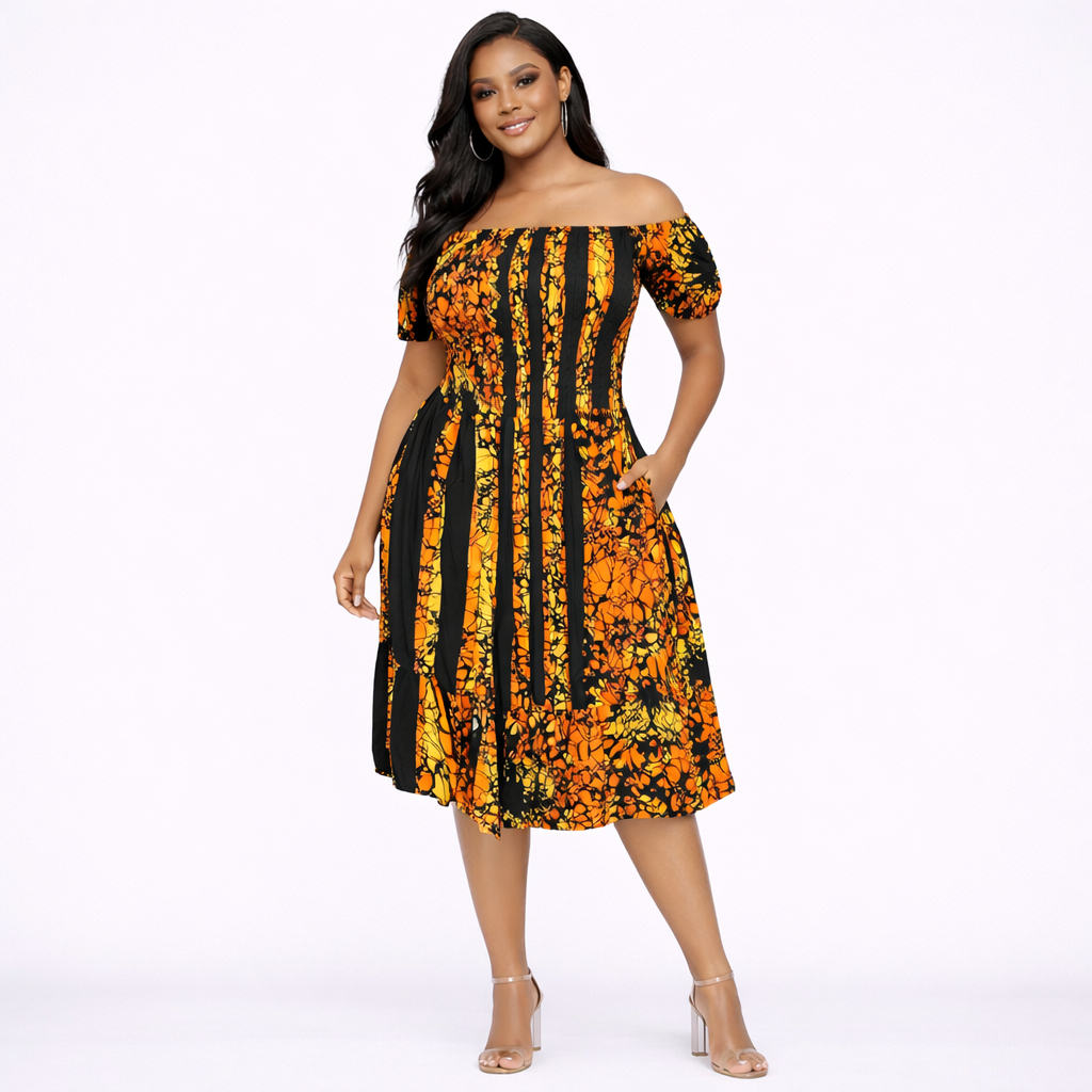 Beautiful Off Shoulder Printed Midi Dress with Short Sleeves