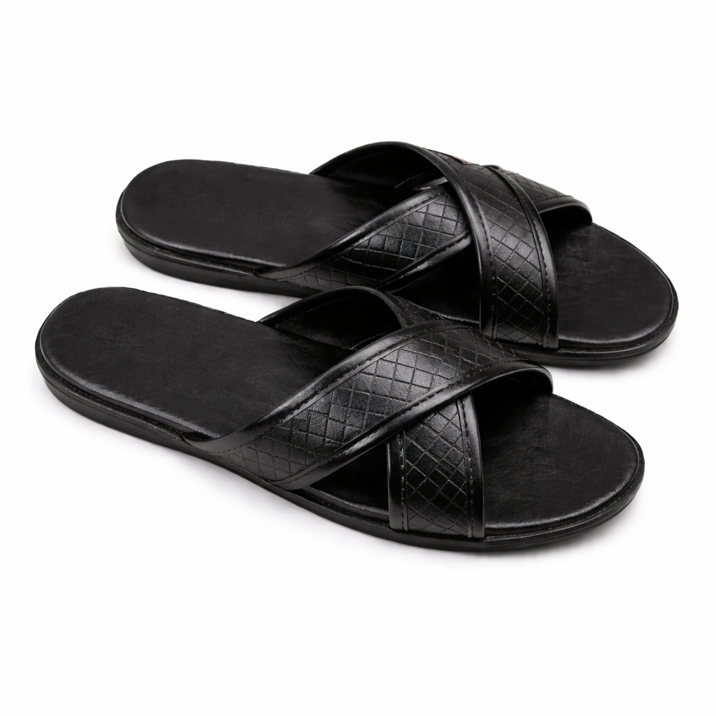 Premium Men Black Cross Strap Slide Sandals