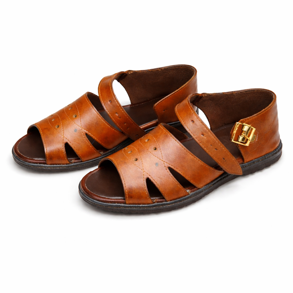 Mens Brown Leather Cross Strap Slip On Sandal