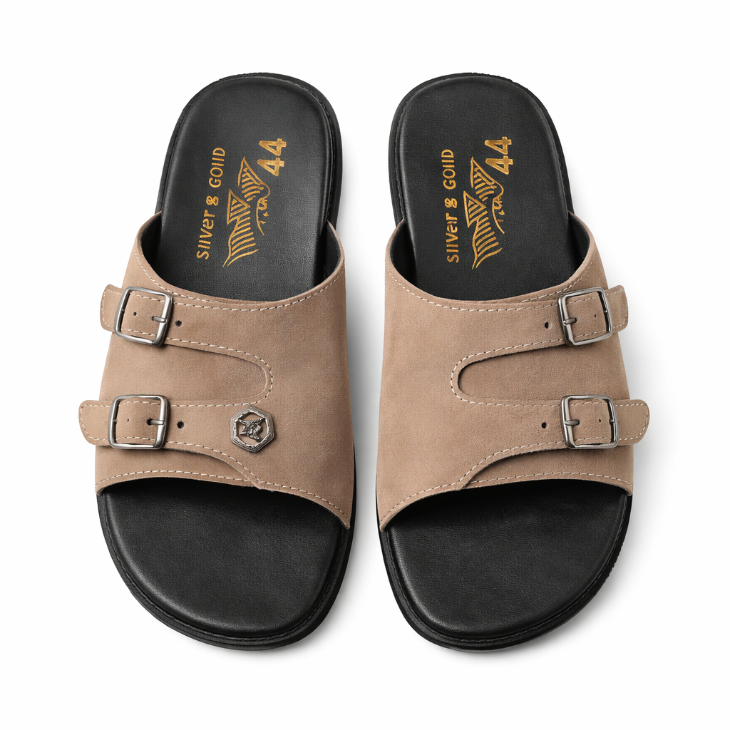 Mens Double Strap Buckle Slide Sandals Brown