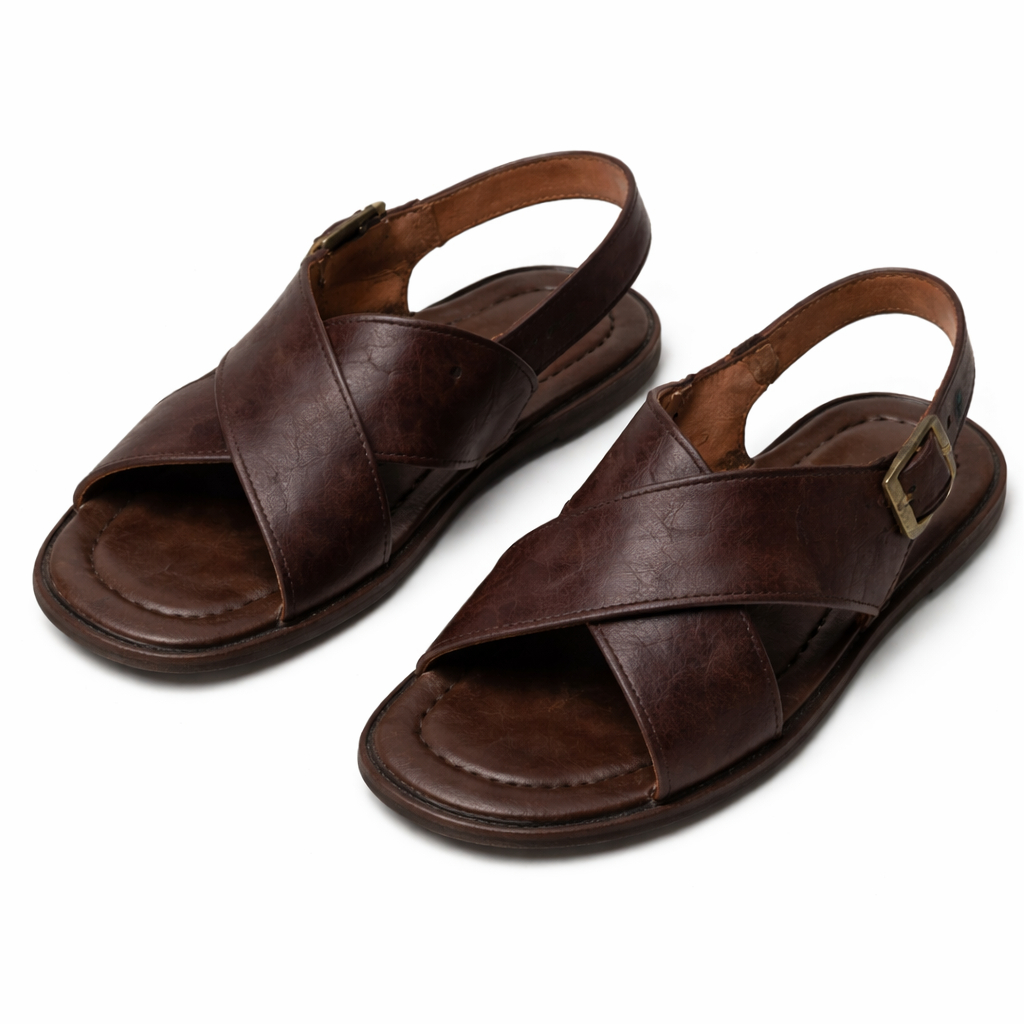 Mens Brown Leather Cross Strap Slingback Sandal