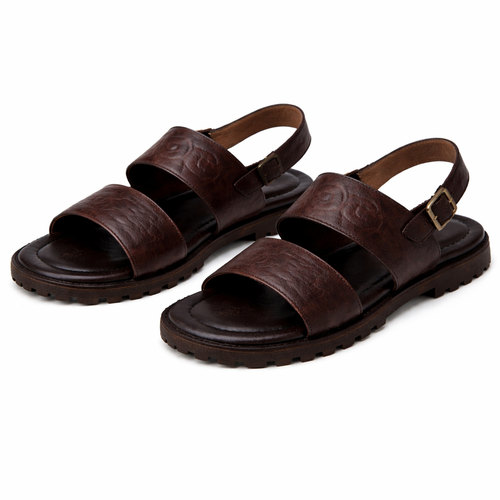 Quality Men Brown Leather Double Strap Sandals with Back Strap