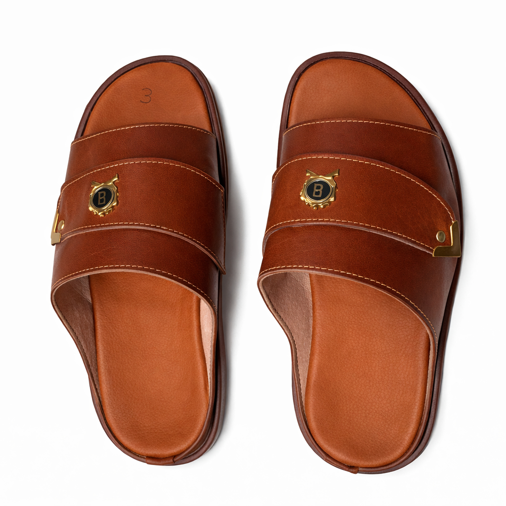 Quality Men Brown Classic Leather Slide Sandals