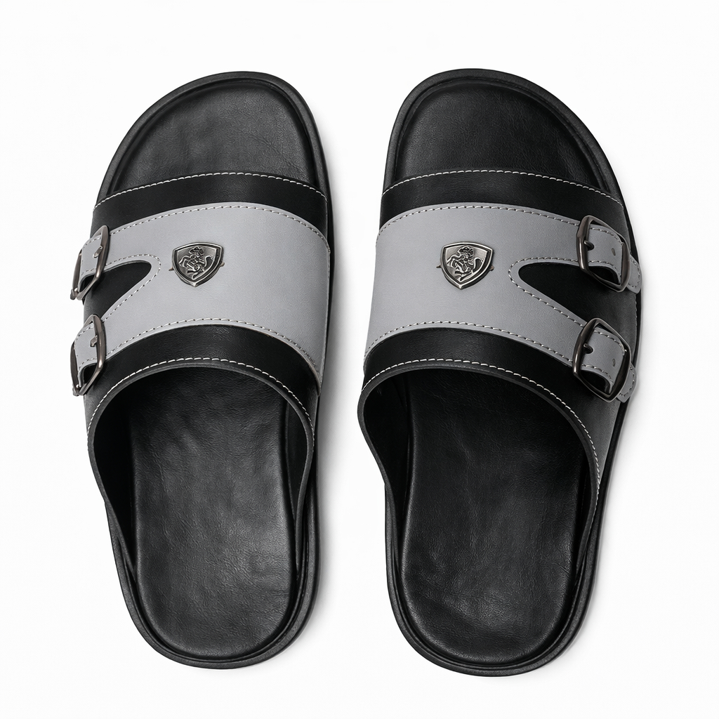 Quality Men Dual Buckle Leather Slide Sandals