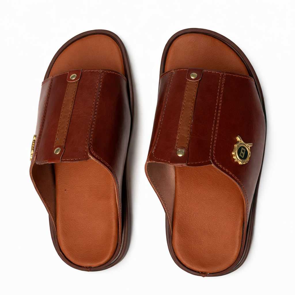 Quality Men Brown Leather Slide Sandals with Cushioned Sole