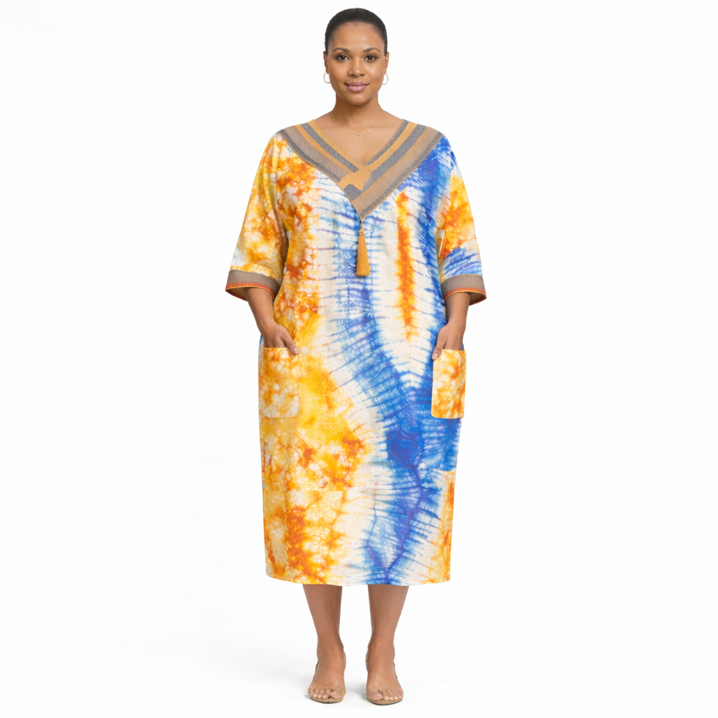 Quality Women  Multicolor Batik Print Kaftan Dress with V Neck