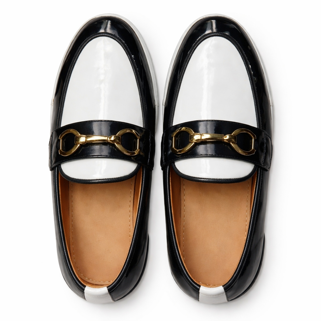 Glossy Two Tone Slip On Loafers with Metal Accent