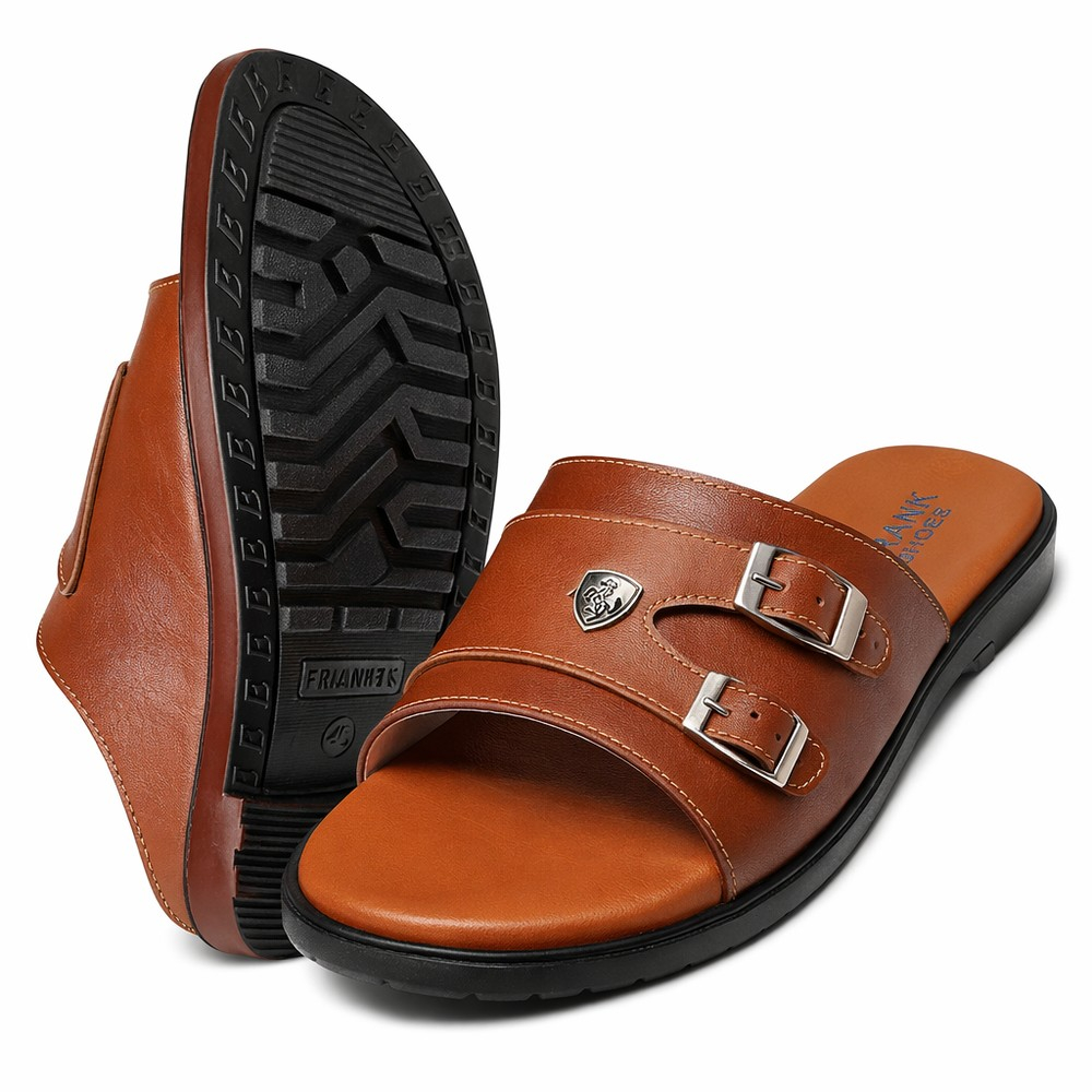 Quality Tan Men Double Strap Leather Slide Sandals with Buckles