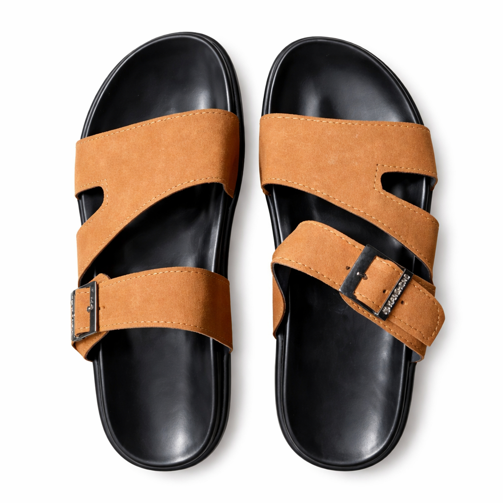 Mens Brown Strap Slide Sandals with Buckle