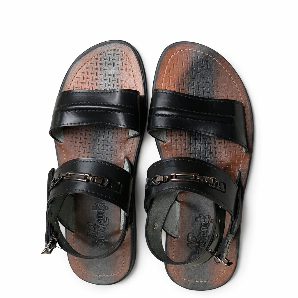 Mens Leather Double Strap Sandals with Ankle Buckle
