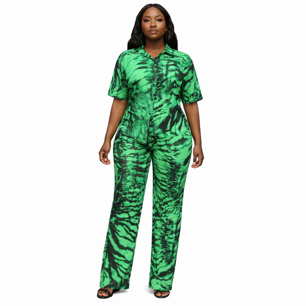 Women Green Abstract Print Two Piece Shirt and Trouser Set
