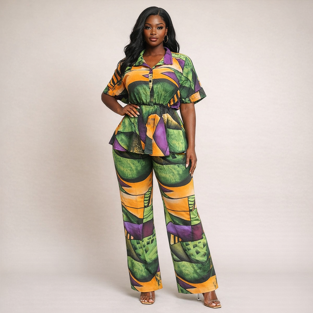 Women Printed Two Piece Short Sleeve Top and Trouser Set