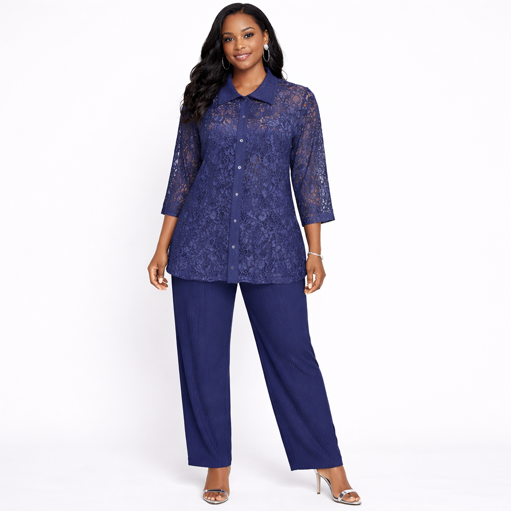 Elegant Women Sheer Lace Long Sleeve Button Up Top and Trousers Set