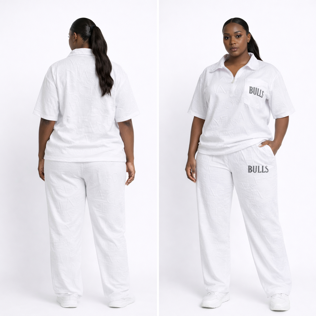 White Embossed Two Piece Lounge Set with Zip Collar Top