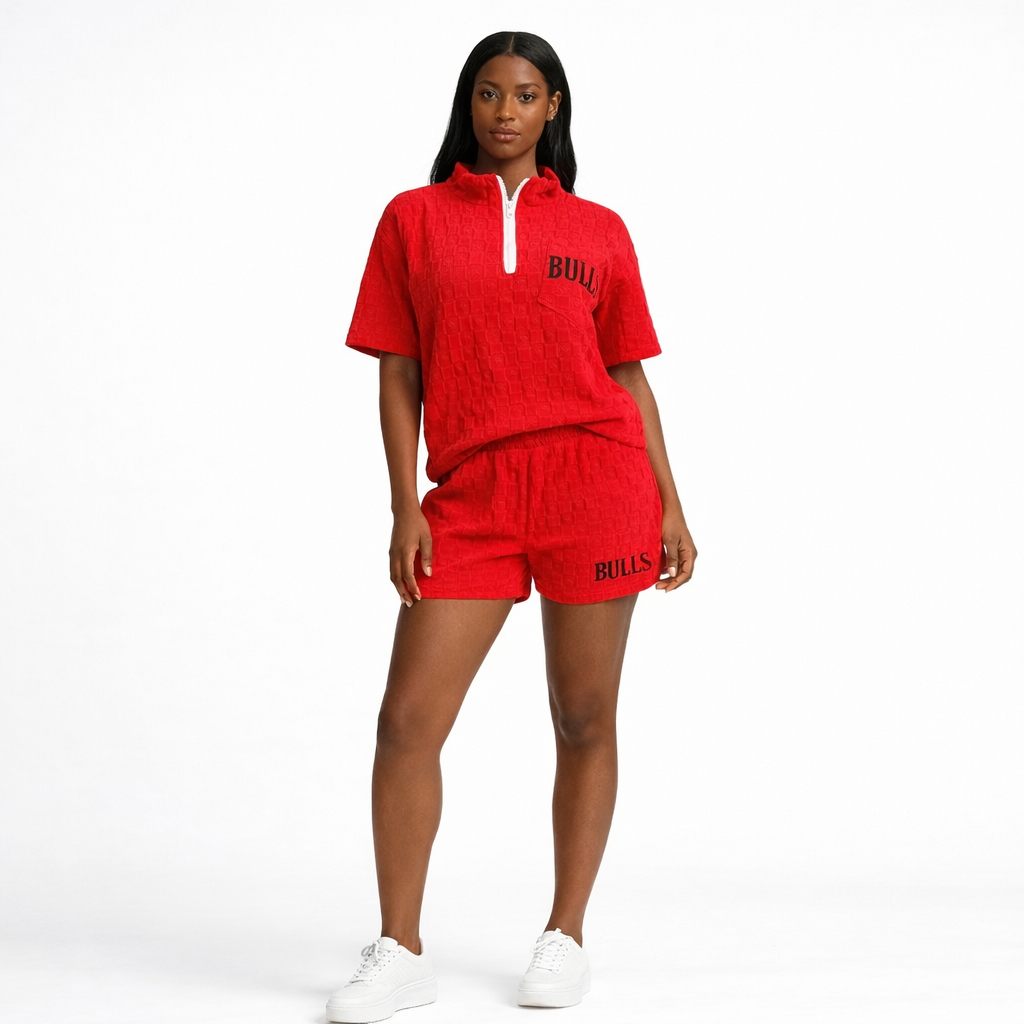 Textured Red Half Zip Hooded Shorts Set