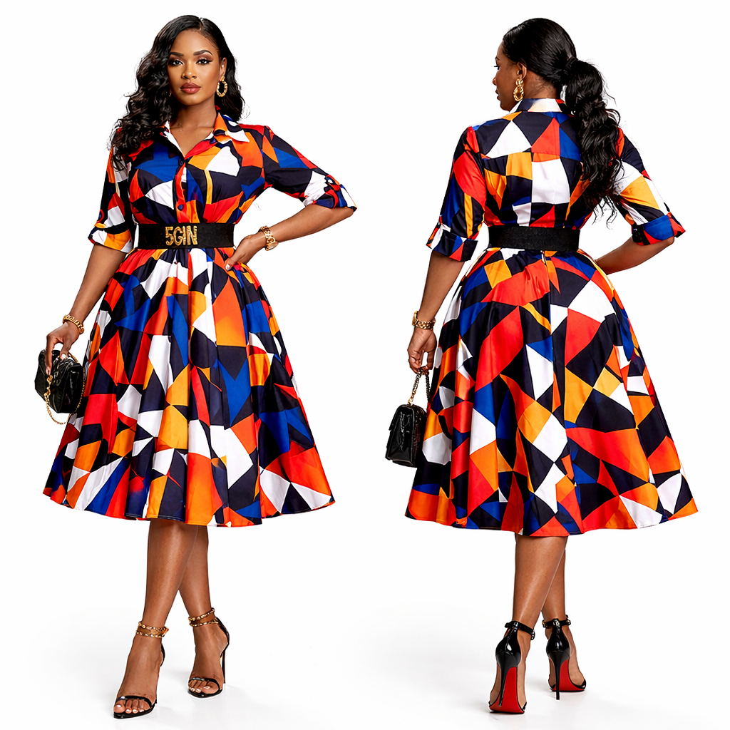 Womens Short Sleeve Abstract Print Midi Dress with Belt