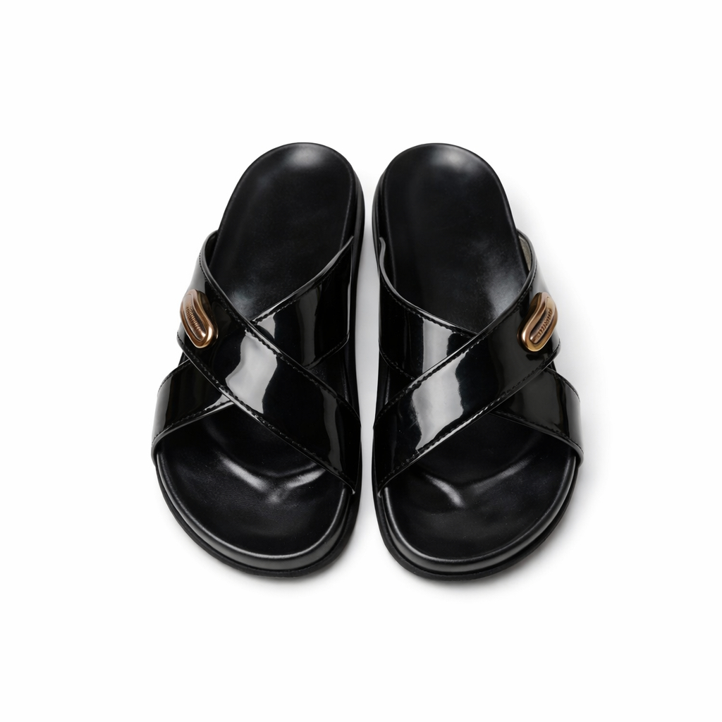 Glossy Black Cross Strap Slide Sandals