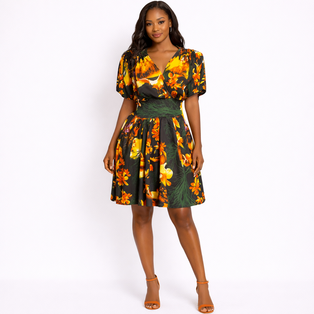 Women Floral V Neck Short Sleeve Flare Dress