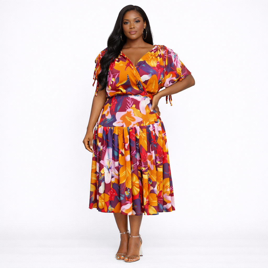 Floral V Neck Gathered Sleeve Midi Dress
