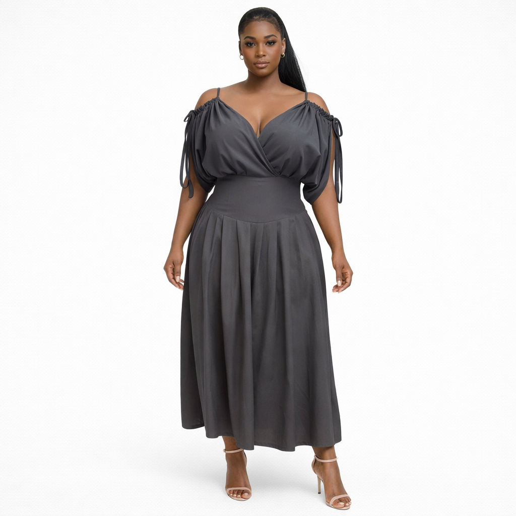 Black Puff Sleeve V Neck Maxi Dress