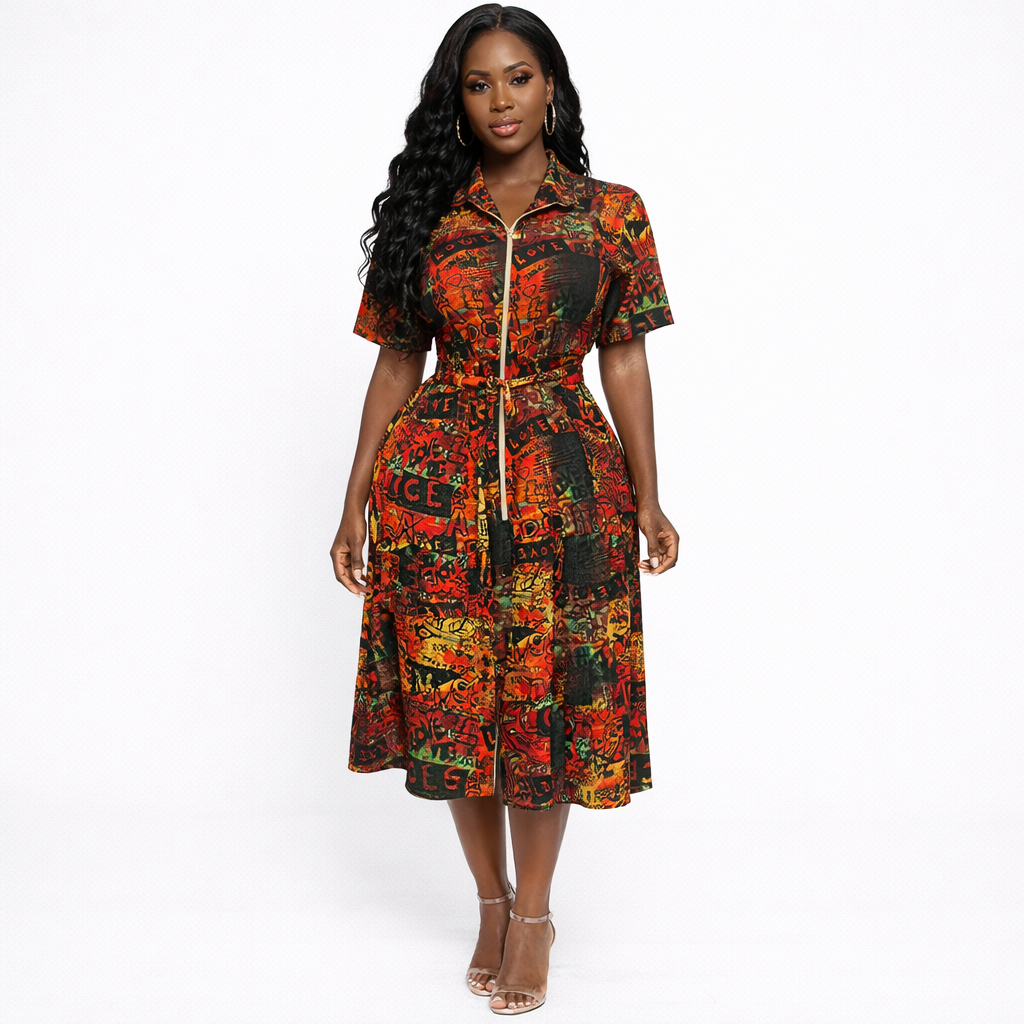 Colorful Graffiti Print Zip Front Shirt Dress