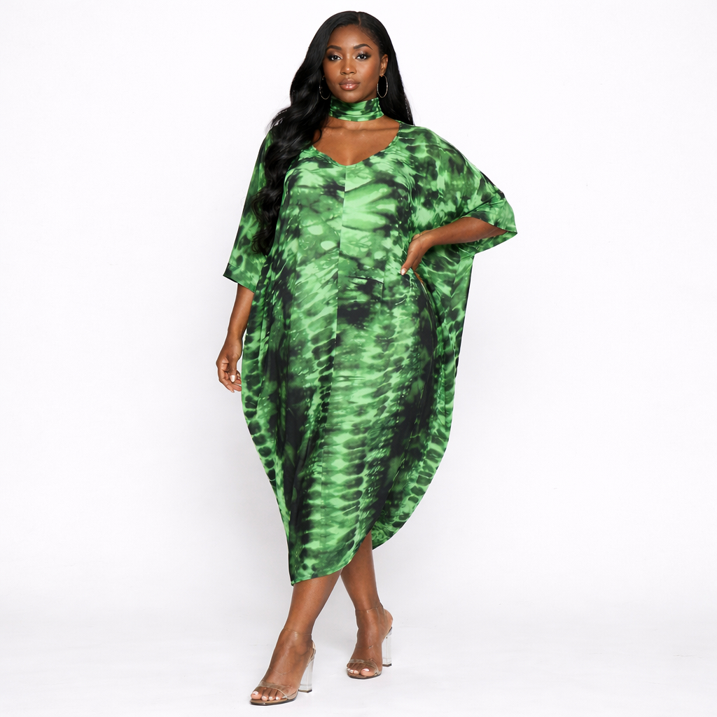 Green Tie Dye Free Flow Kaftan Dress