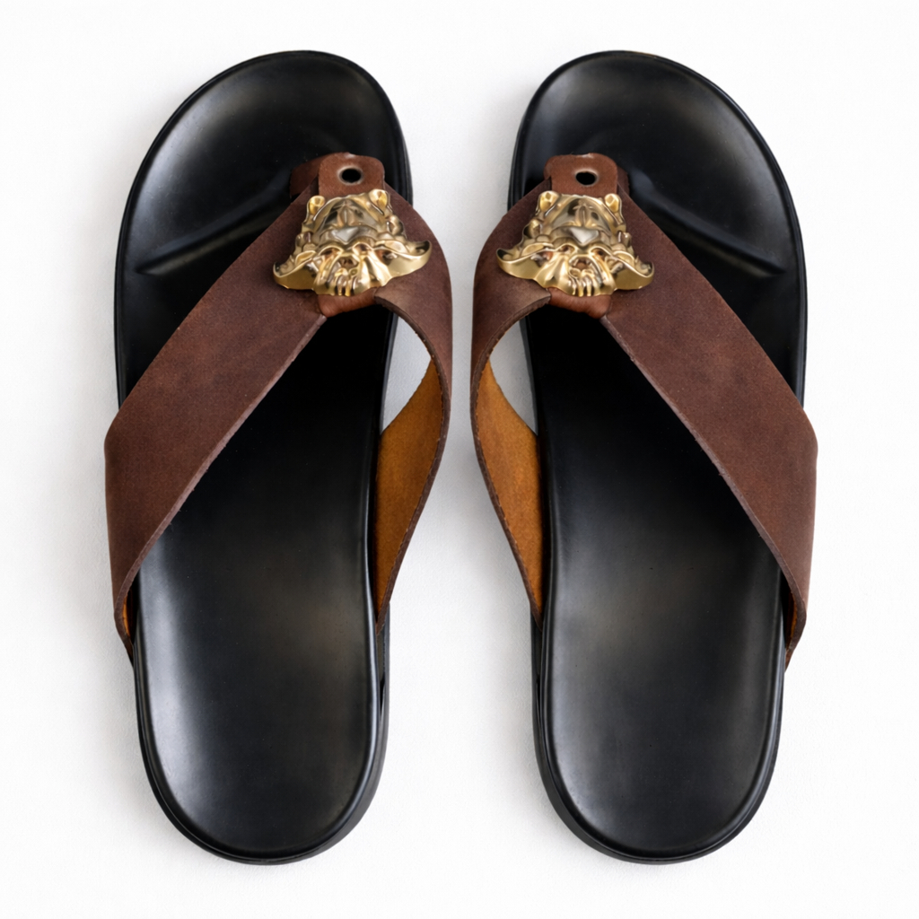 Mens Brown Cross Strap Slip On Sandals with Metal Accent