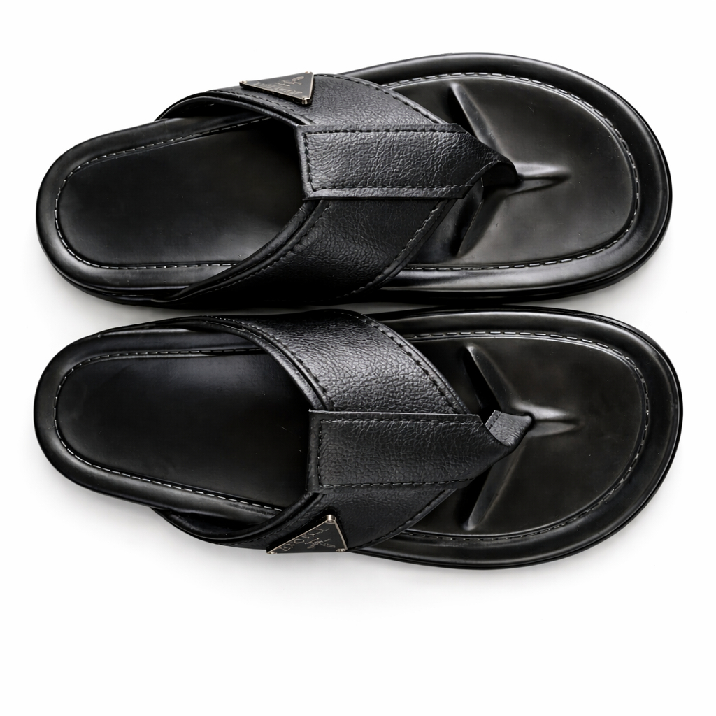 Mens Black Leather Cross Strap Slide Sandals