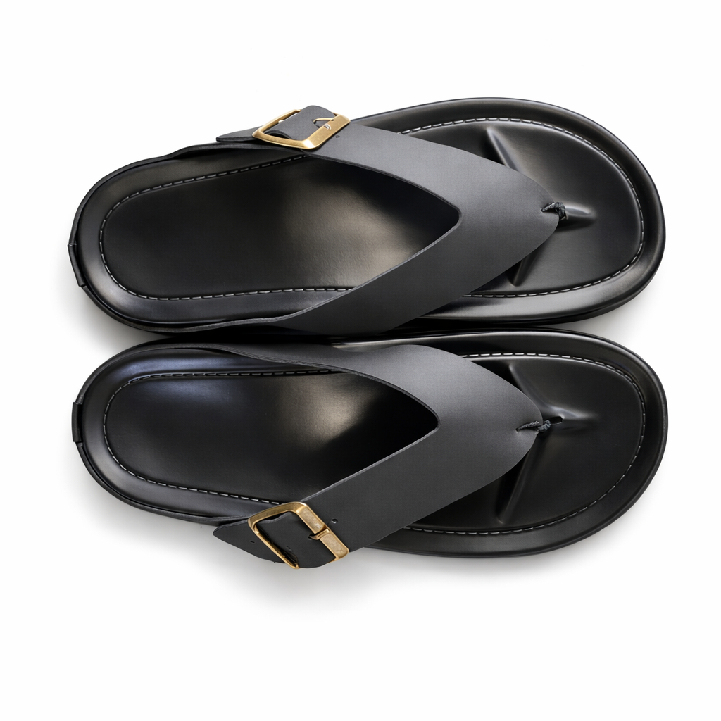 Quality Men Black Toe Post Slide Sandals with Adjustable Strap