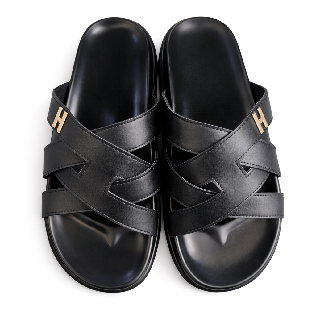 Quality Men Black Cross Strap Slip On Sandal