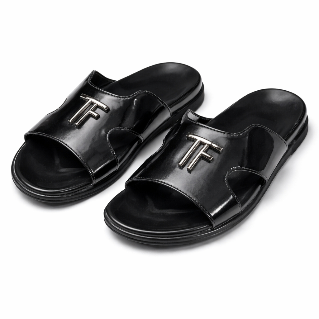 Black Slip On Toe Loop Sandal with metal details