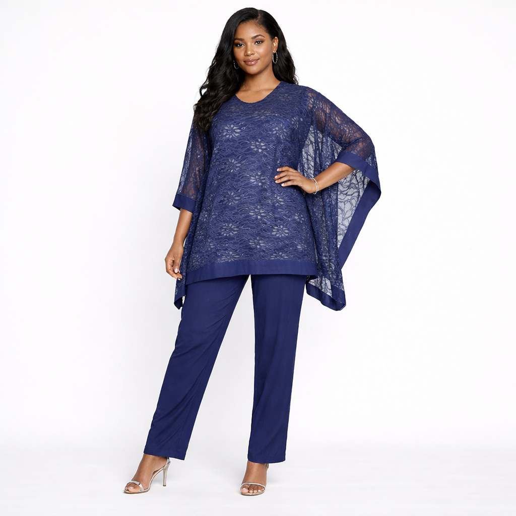 Elegant Navy Blue Lace Kaftan Two Piece Set