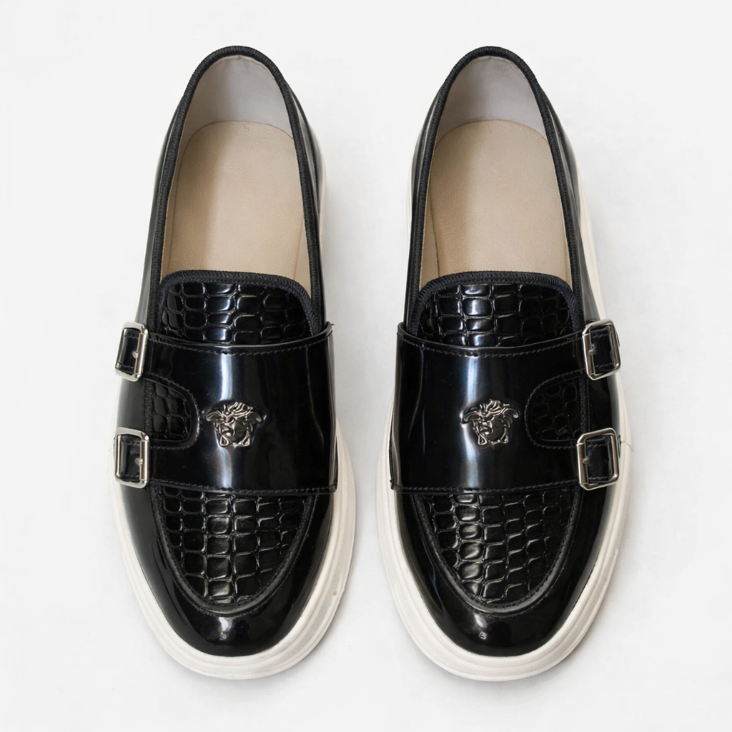 Men Glossy Buckle Strap Slip On Casual Shoes