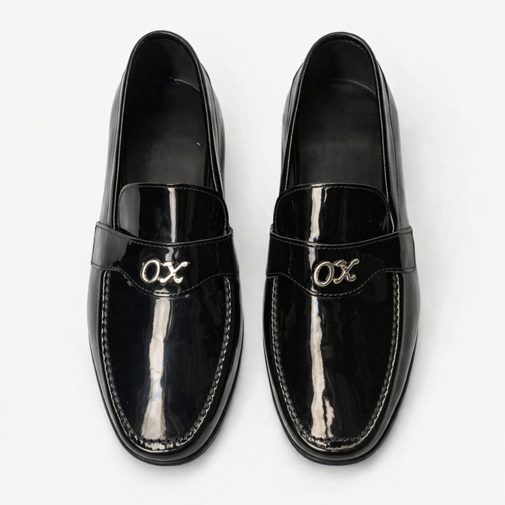 Men Glossy Black Slip On Loafers with Metal Accent