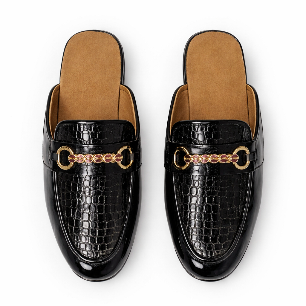Men Black Glossy Slip On Mule Loafers with Metal Chain