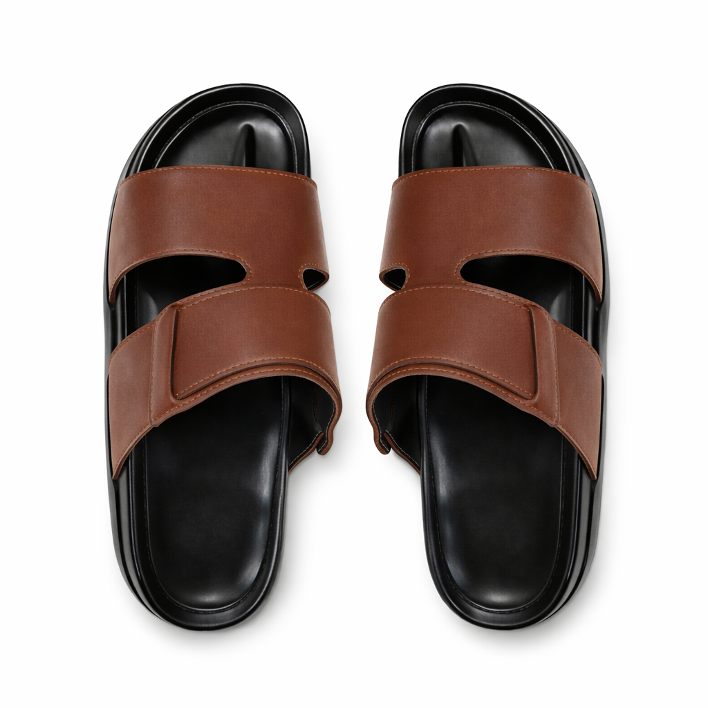 Quality Men Brown Dual Strap Open Toe Slide Sandal