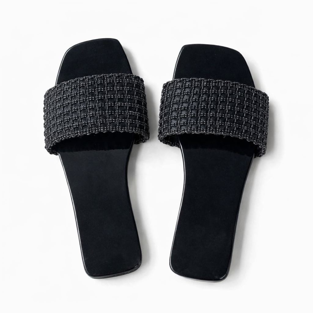 Beaded Cross Strap Flat Slide Sandals