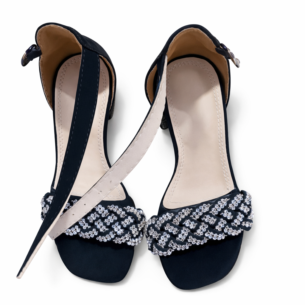 Rhinestone Woven Slingback Block Heel Shoes