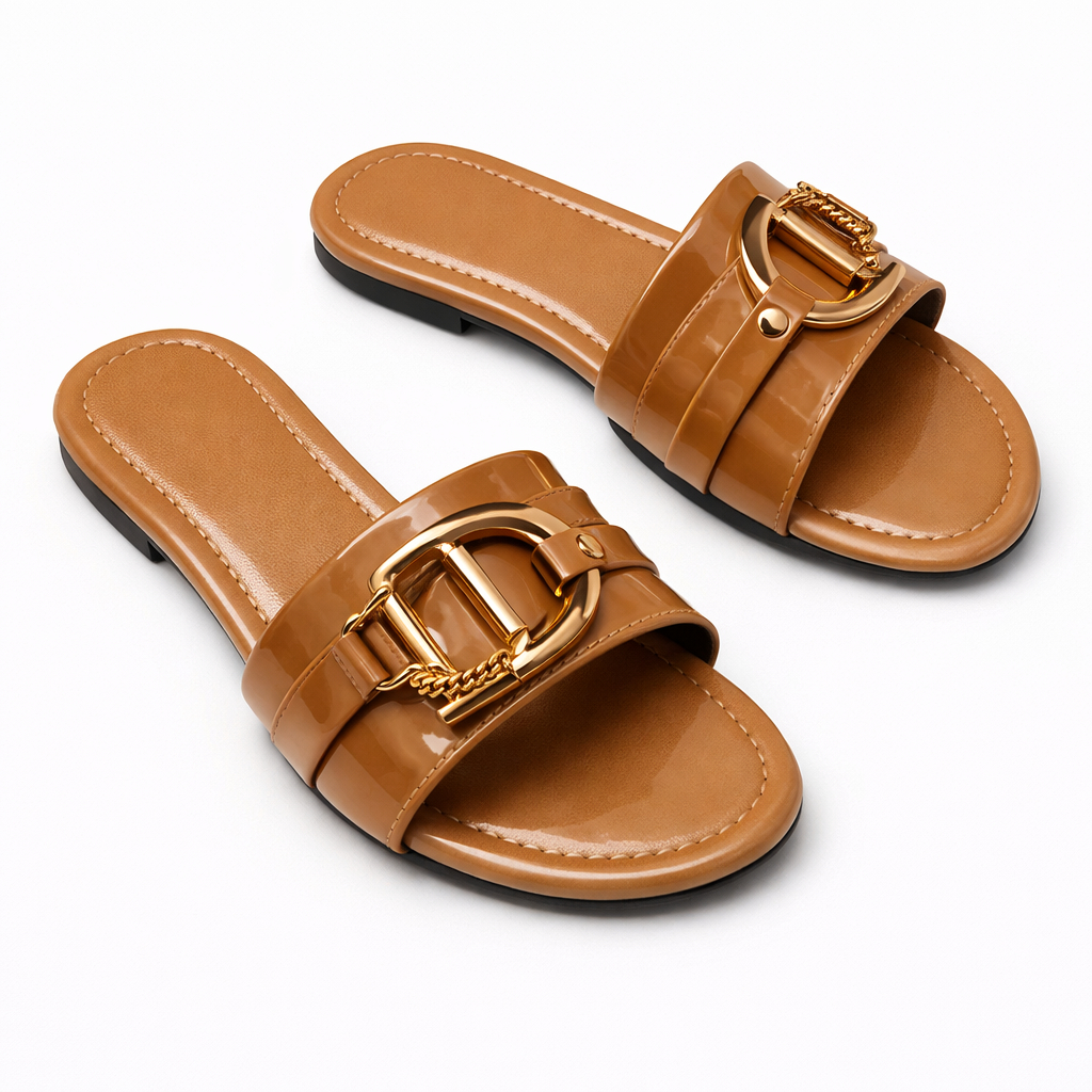 Glossy Open Toe Slide Sandal with Metal Accent