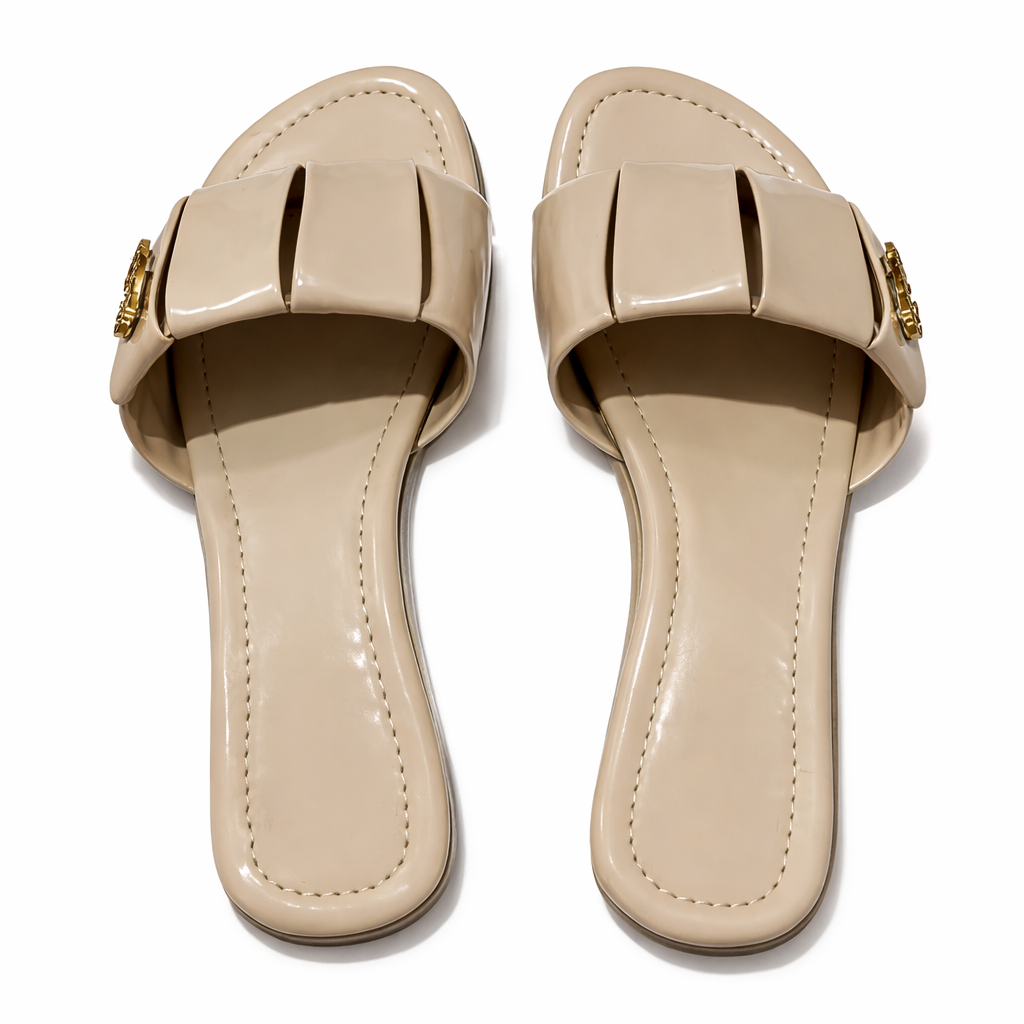 Minimalist Glossy Bow Slide Sandals with  Neutral Finish