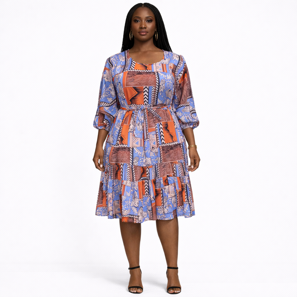 Sky Mosaic Belted Midi Dress