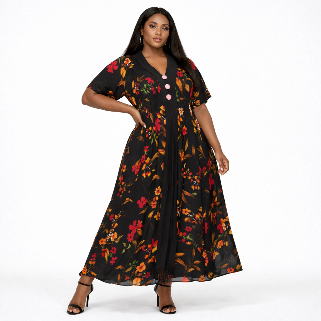 Midnight Bloom Floral Kaftan Maxi Dress