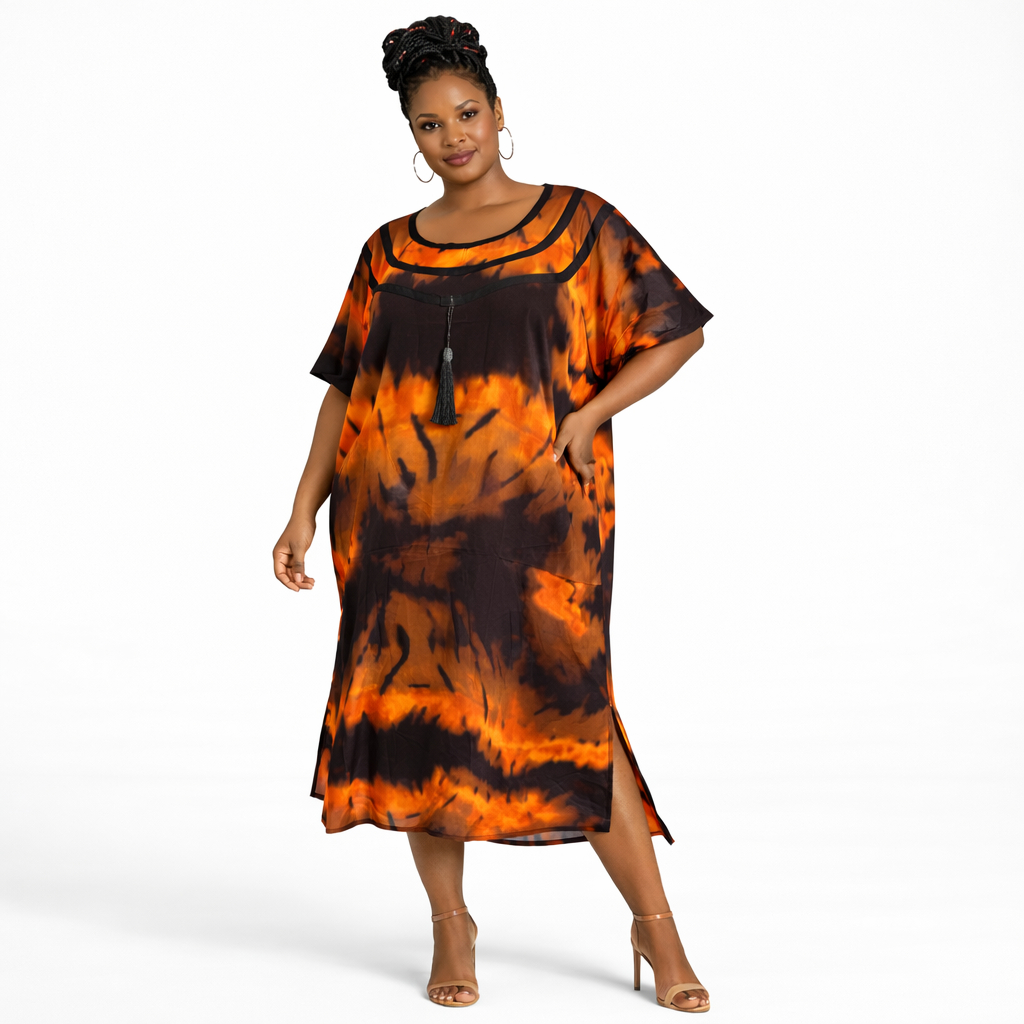 Women Orange Black Tie and Dye Kaftan Dress