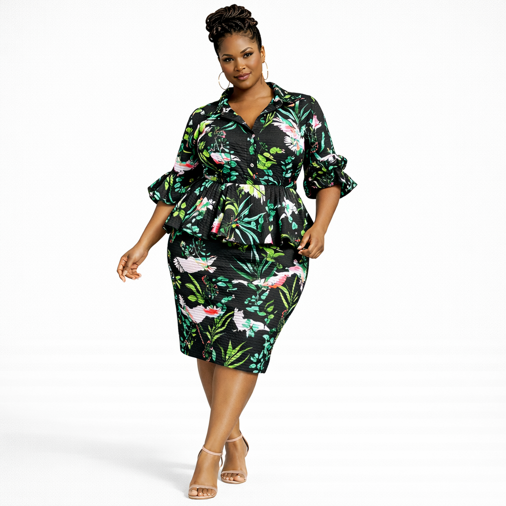 Women Black Floral Peplum two piece set