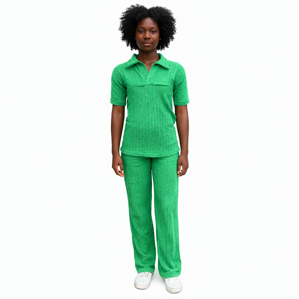 Green Textured Short Sleeve Top and Pants Set for kids