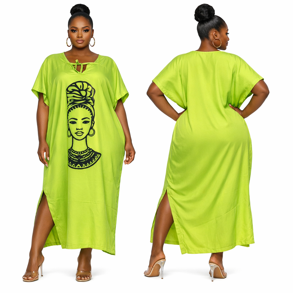 Women Lime Green Graphic Bubu Gown