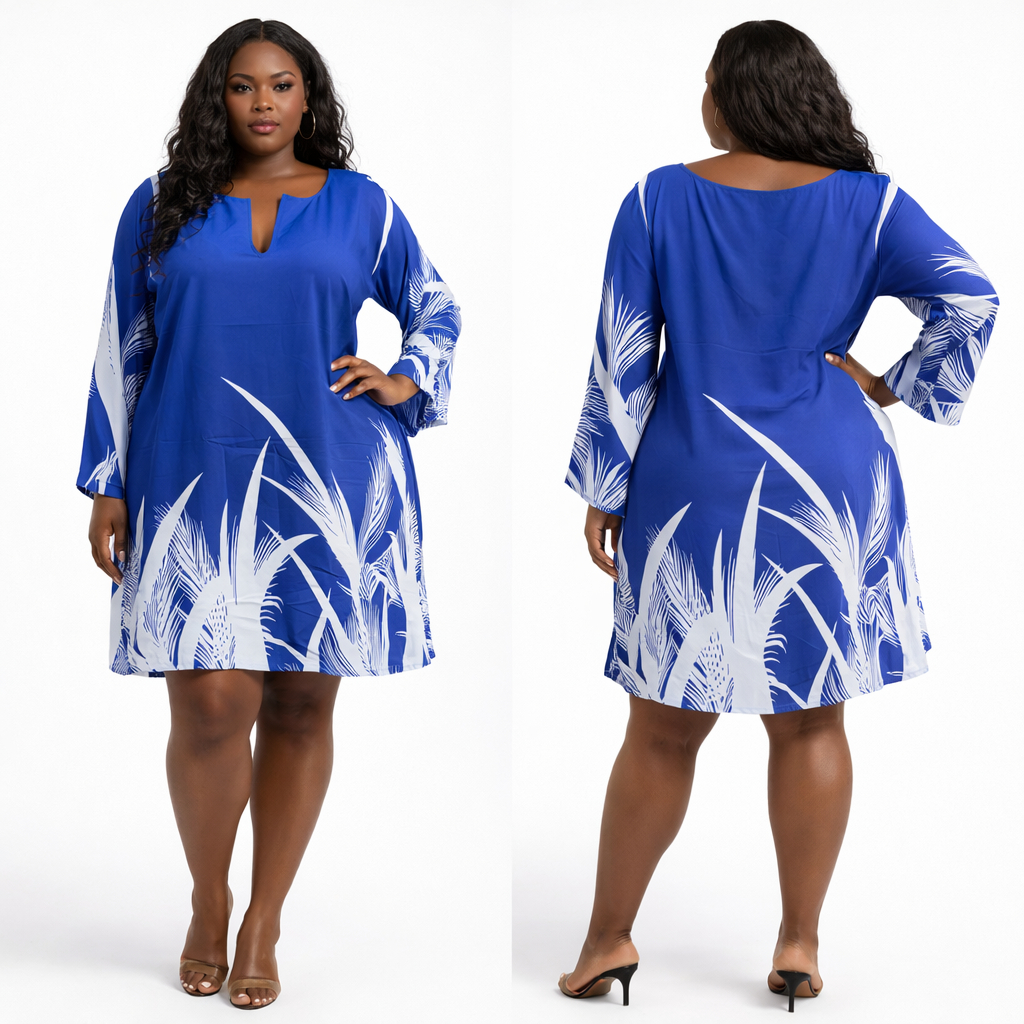 Women Blue Palm Leaf Print Tunic Dress